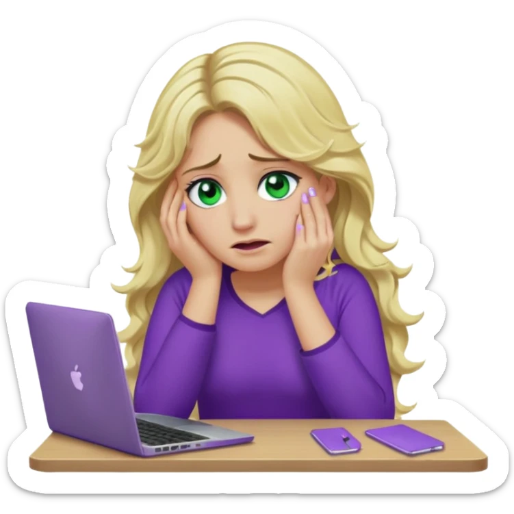 lady with long wavy blonde hair, purple top, green eyes, elbow on desk with hand on face, with a purple mac laptop tears down face. sticker