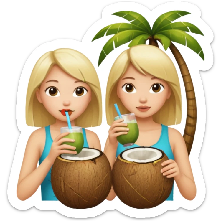 girls drinking out of a coconut one is Asian the other one is blonde  sticker