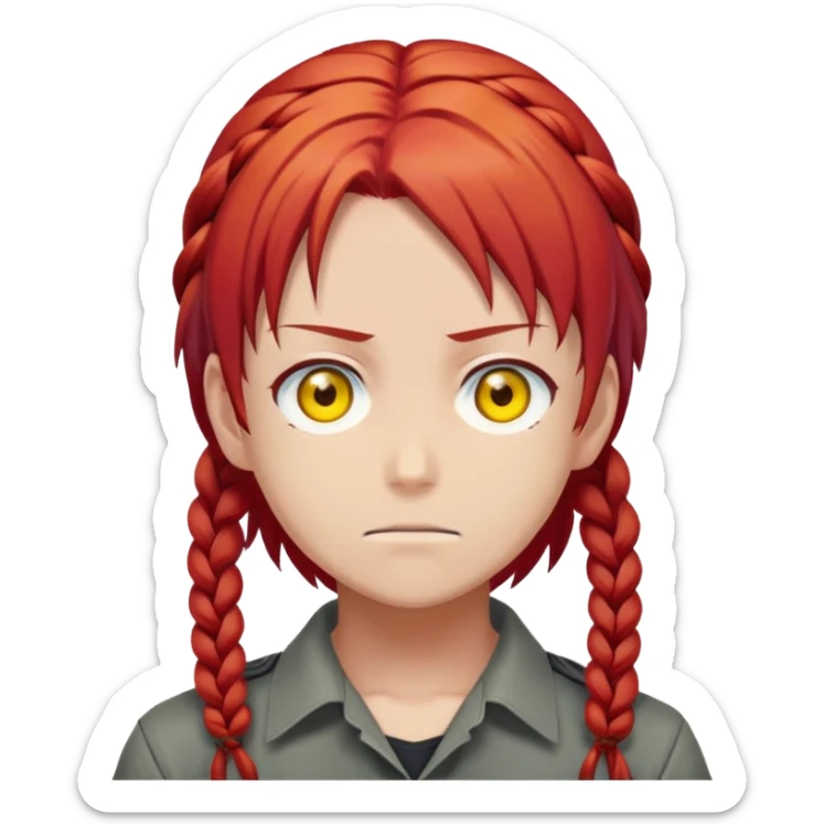 Makima from anime Chainsaw Man emoji style, stern look, red hair with braid, yellow eyes sticker