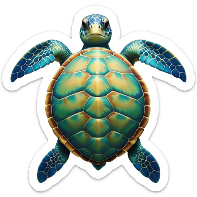 Cinematic Noble Sea Turtle Portrait Emoji, Poised and wise, with a majestic, domed shell adorned with rich, textured patterns and a smooth, ancient body gliding gracefully through the water, deep, reflective eyes exuding calm wisdom, Simplified yet sharp and sophisticated features, highly detailed, glowing with a soft, oceanic glow, high shine, intelligent and graceful, stylized with an air of timeless marine majesty, focused and serene, soft glowing outline, capturing the essence of a watchful and confident sea guardian that appears ready to glide out of the screen with effortless authority! sticker