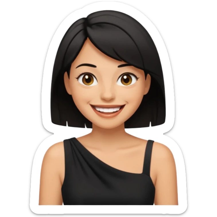 black short shoulder length hair tanned woman, black dress doing girly things sticker