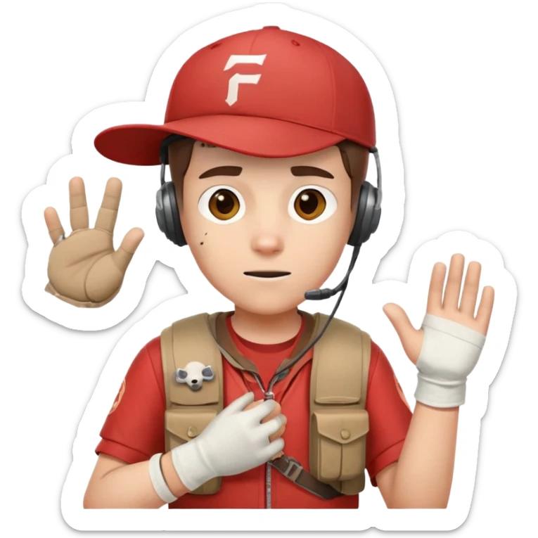 Team Fortress 2 Scout with red shirt, headset, baseball cap, dog tags, and bandages on hands sticker