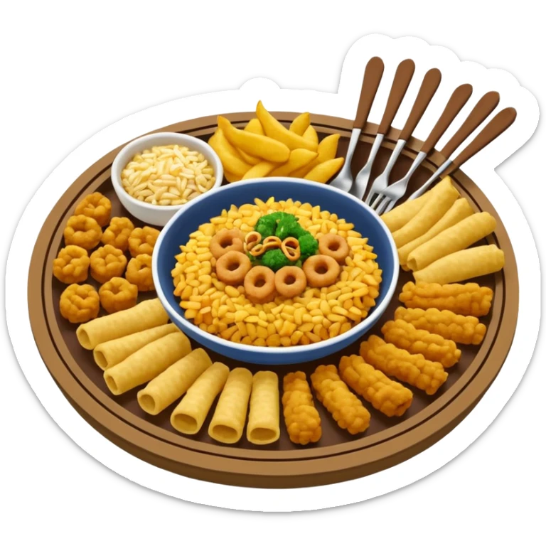 Plato redondo visto desde arriba con tiras gruesas de chicharrón crujiente dorado, acompañado de arroz frito con vegetales (zanahoria, arvejas, cebollín) y pequeños cubos de colores, sticker