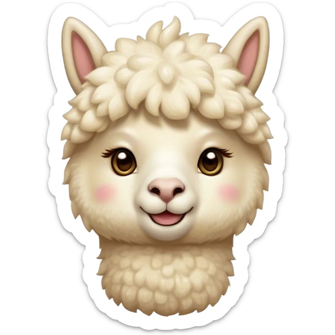 Cinematic Cute Cream Alpaca Portrait Emoji, Head tilted playfully and inquisitively, featuring a fluffy, cream fleece with a natural sheen, round, sparkling gentle eyes filled with curiosity, Simplified yet irresistibly adorable features, highly detailed, glowing with a warm, friendly glow, high shine, affectionate and gentle, stylized with a touch of whimsy, bright and endearing, soft glowing outline, capturing the essence of a mischievous yet loving alpaca, so playful it feels like it could prance out of the screen and into your arms! sticker