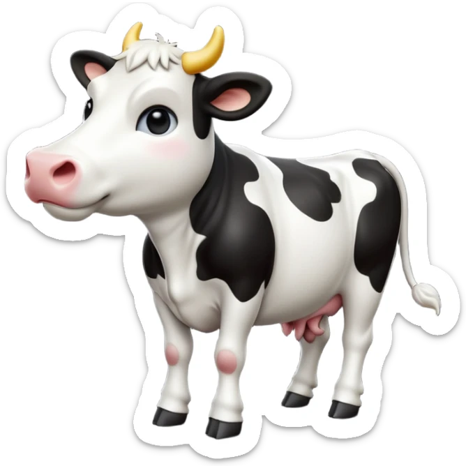 cinematic-[cow]-realistic-full-body-standing-emoji,-tail-flicking-lazily,-head-tilted-dramatically,-sleek-[black and white]-fur,-simplified-yet-realistic-focused-features,-highly-detailed,-glowing-with-an-almost-sarcastic-glow sticker