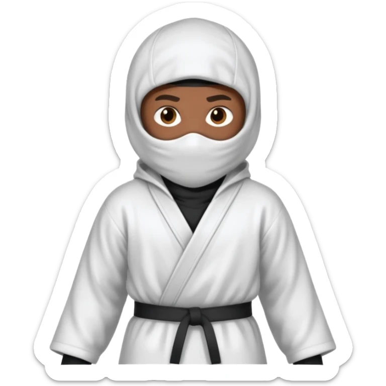 All white ninja robe with no black with white ski mask to cover face and neck with a hoodie on and dark brown skin color sticker
