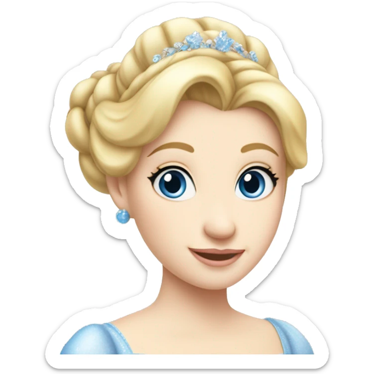 Cinderella with her hair in a bun. Bright blonde hair and pale skin. She has blue eyes. Her cinderella dress sparkling sticker