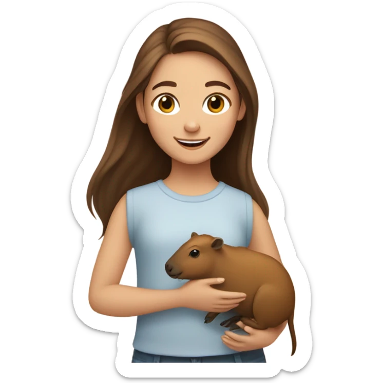 happy little girl young girl with brown hair holding capybara  sticker