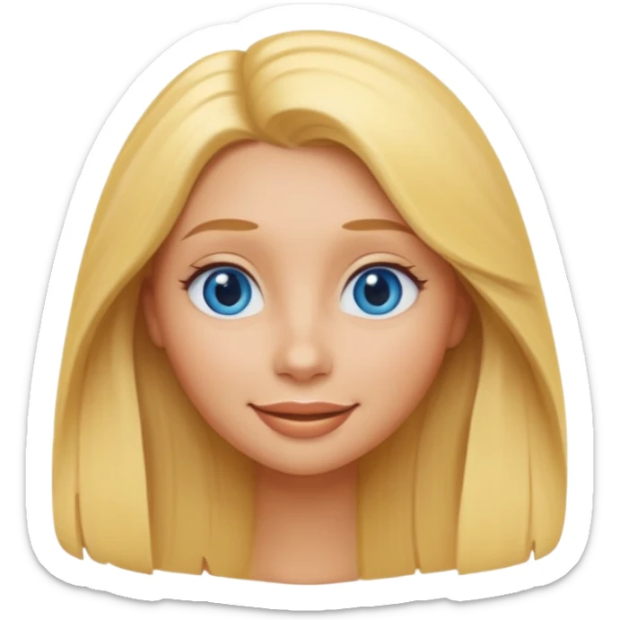 A woman with long blonde hair, blue eyes, and full lips, with a tanned complexion, depicted as a cute 3D emoji, round shape, yellow skin, simple smile, Pixar style, trending on artstation, white background. sticker