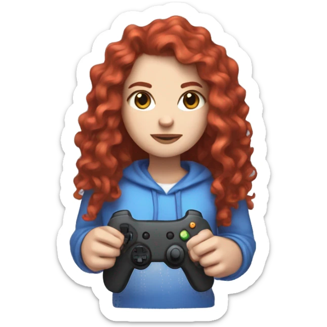 a white girl with long red curly hair, wearing periwinkle Minecraft hoodie holding a controller sticker