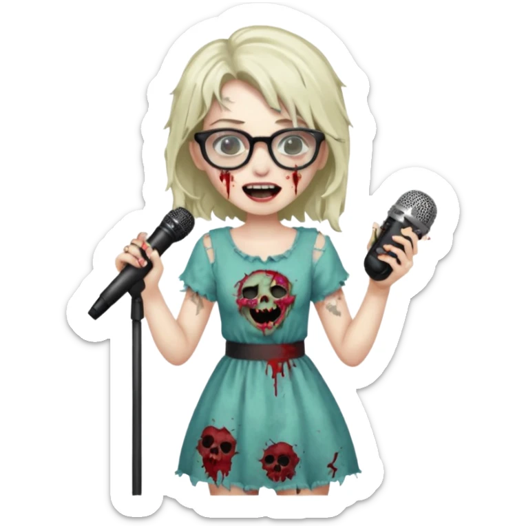 singer, Zombie girl, super happy, wearing dress, singing to mic, glasses sticker