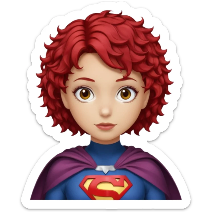 girl with short curly cherry red hair. Brown eyes. Superhero sticker