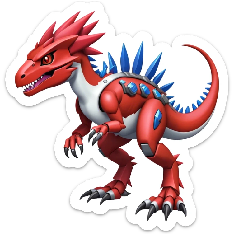 Spiky Cool Edgy Futuristic shiny colorful Digimon-Fakemon-Guilmon-Velociraptor-Mecha, full body, two legs sticker