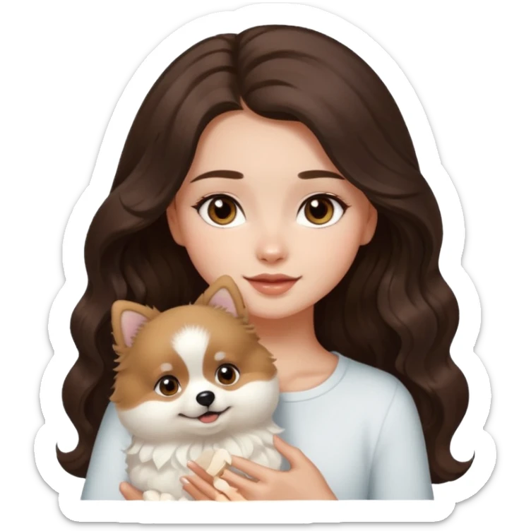 light-skinned-girl-wavy-dark-brown-long-without-volume-hair-brown-eyes-petting-light-white-pomeranian sticker