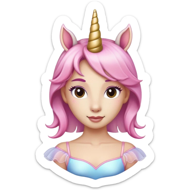 head and shoulders of an anthropomorphised female unicorn ballerina, straight on view, relaxed pose, clearly a unicorn, apple emoji style sticker