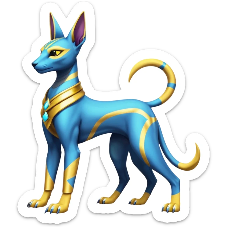 Modern futuristic shiny colorful Anubis-Sphynx-Lombax-Zeraora-Renamon-fusion (full body) sticker