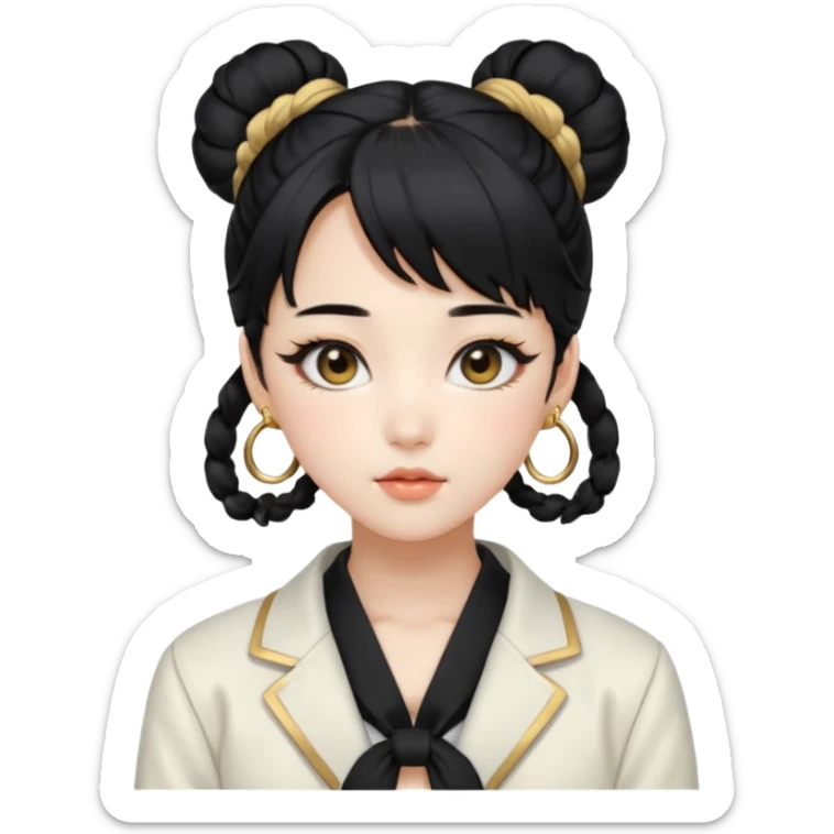 a beautiful girl face, wearing cute korean makeup, black hair, tied into two lowbuns with front bangs, black shirt, white jacket with golden shoulder pads, kpop idol sticker