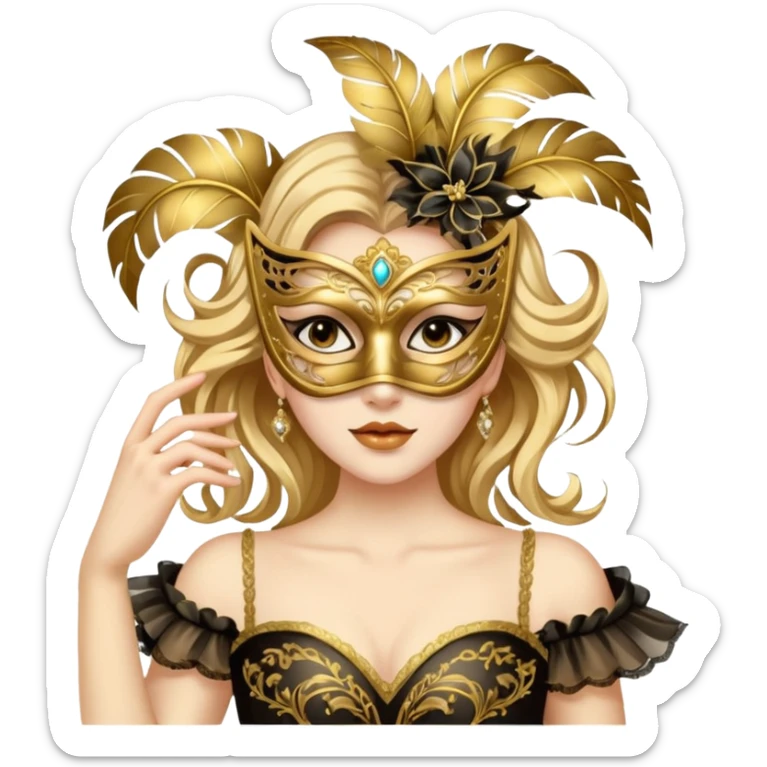A woman in an ornate gold masquerade mask and elegant outfit, holding the mask delicately. sticker