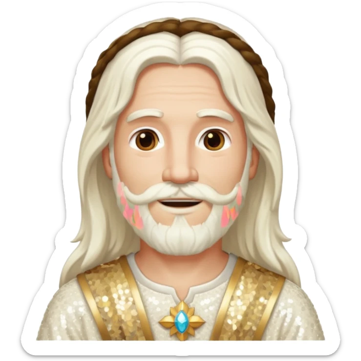 Jesus, Son of God from Gods and Goddesses with long white hair and beard, ivory sequin outfit sticker