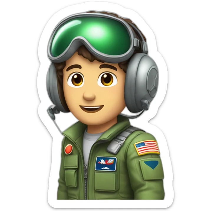 A young white man with dark brown hair and brown eyes in a pilot suit and wearing a green Pilot headset sticker