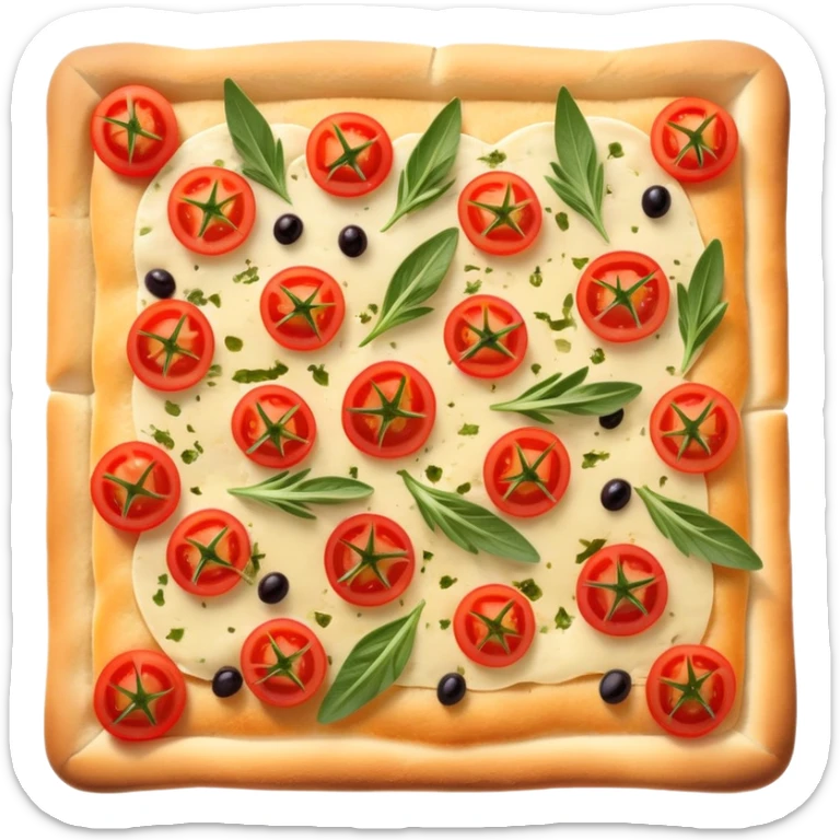 cinematic-realistic-isometric focaccia-bread-dish-emoji,-depicted-as-a-golden,-olive-oil-brushed-flatbread-sprinkled-with-herbs-rendered-with-lifelike-texture-and-soft,-appetizing-lighting showing olives on top and the cherry tomatoes sliced sticker