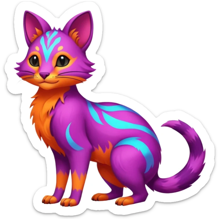 Neon-colored fantasy feline-Fionbri-canid-rodent-marsupial-critter-vernid-fursona animal creature full body with intricate markings  sticker