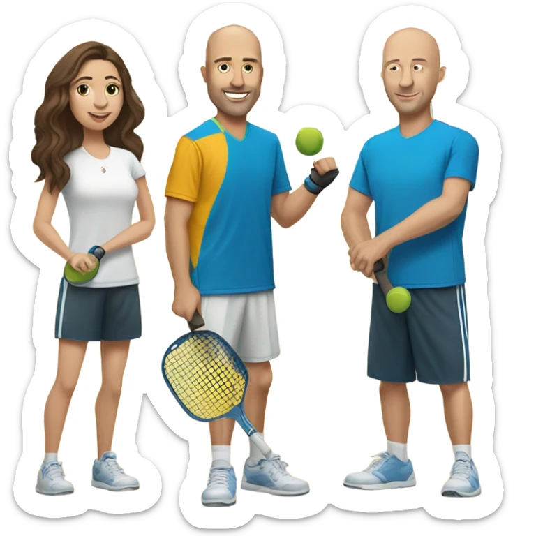 4 Caucasian people playing pickleball with 1 tall bald male, 1 shorter dark brown hair male, 1 girl with long brown hair, 1 girl  with brown hair sticker