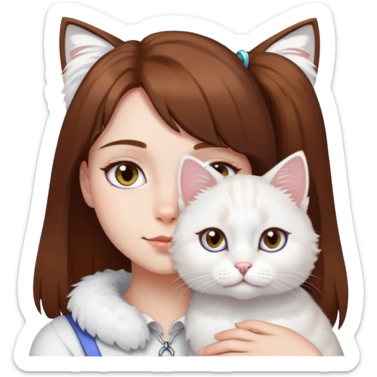 A girl with short brown straight hair and on her left shoulder and neck lies a white fluffy cat with eyes of different colors sticker