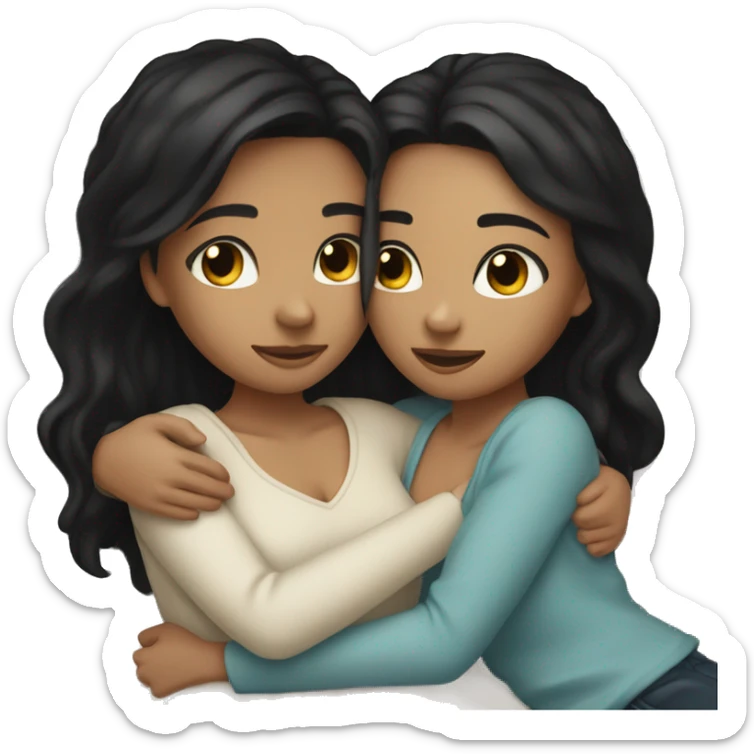 Two girls one with tan skin black hair one with white skin black hair cuddling on a bed together  sticker