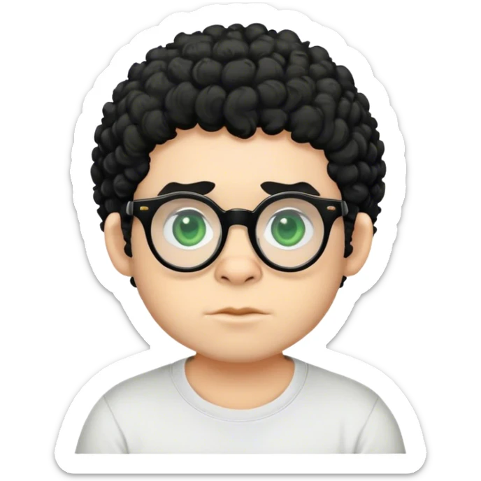 Chico blanco con ojos redondos de color verde , cabello negro corto ensortijado y con camisa gorillas y con gafas  sticker