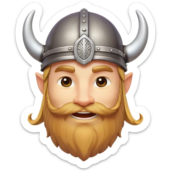 Clash of Clans aesthetic: Cinematic Playful Viking Portrait Emoji, Head tilted with a cheeky grin and twinkling eyes, featuring a compact, charming build with a modest, stylized Viking helmet and a playful beard, his face rendered in natural skin tone, Simplified yet irresistibly charming features, highly detailed, glowing with a warm, inviting radiance, high shine, spirited and lively, stylized with an air of whimsical Nordic mischief, soft glowing outline, capturing the essence of a playful Viking exuding friendly rogue charm! sticker