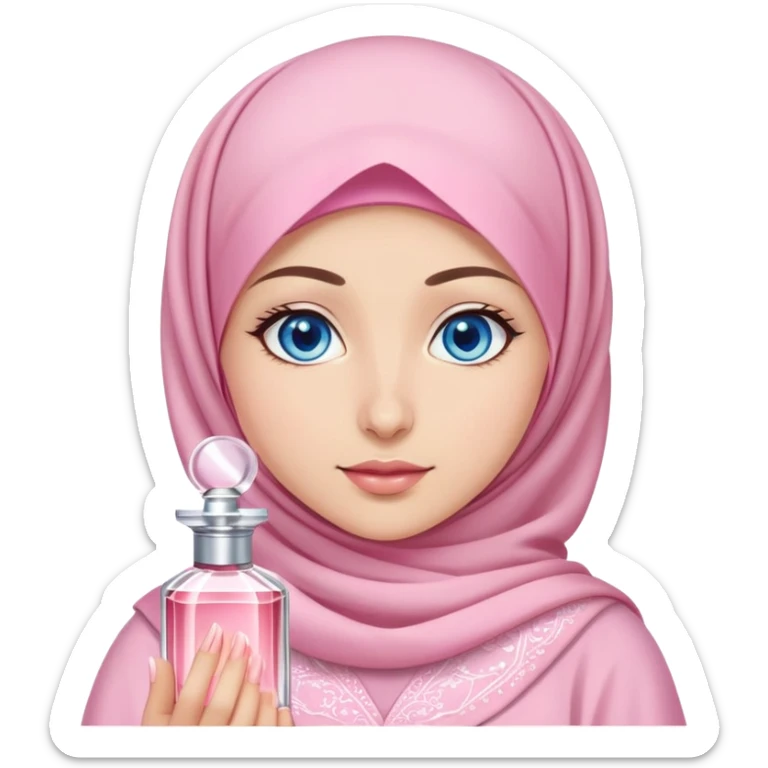 Turkish beautiful finish Konya girl blue eyes with light sakura and pink hijab islamic dress and She's wearing perfume sticker