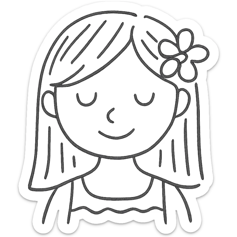 girl with straight hair, flower in hair, summer hand-drawn style outlined icon sticker