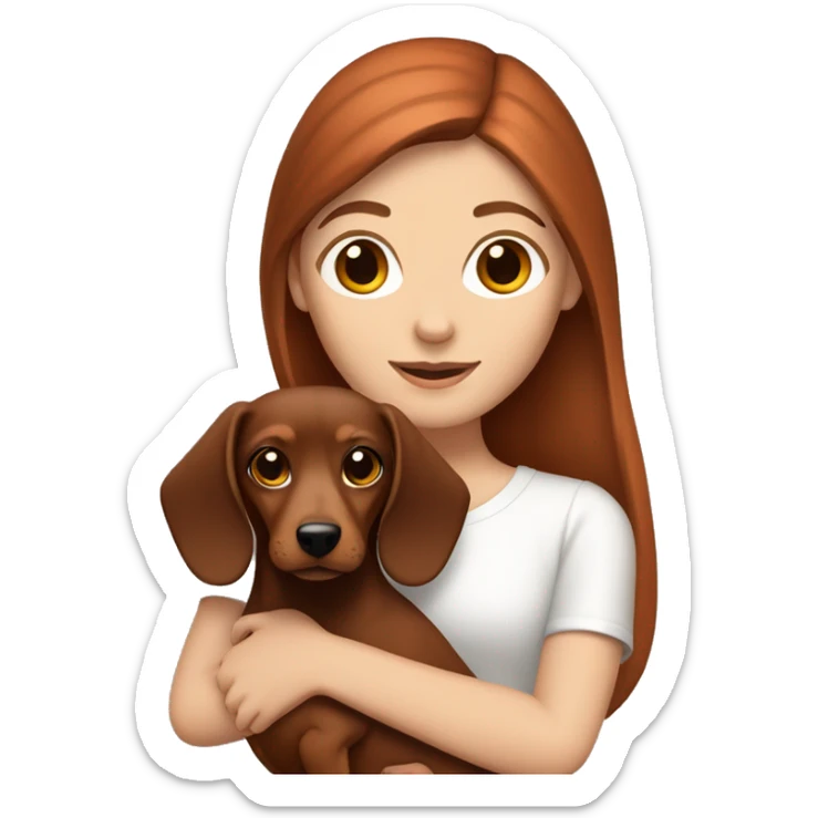 White girl with straight brown hair holding a red  and browndachshund  sticker