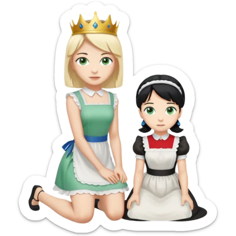 King, standig, black hair, blue eyes, garmont, and maid, blonde Hair, green eyes, white short sleveless dress, kneeling  sticker