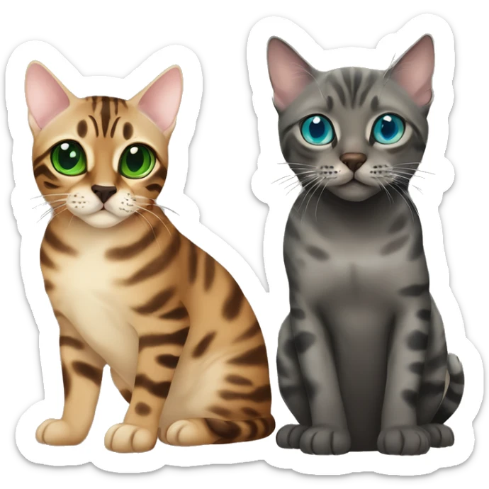 Seal Bengal cat with Blue eyes + charcoal Sepia bengal cat with Green eyes sit Next to each other  sticker