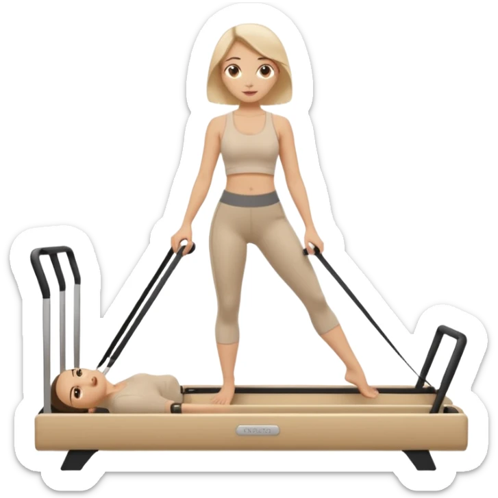 pilates beige reformer girl with beige set of clothes and beige reformer machine. sticker