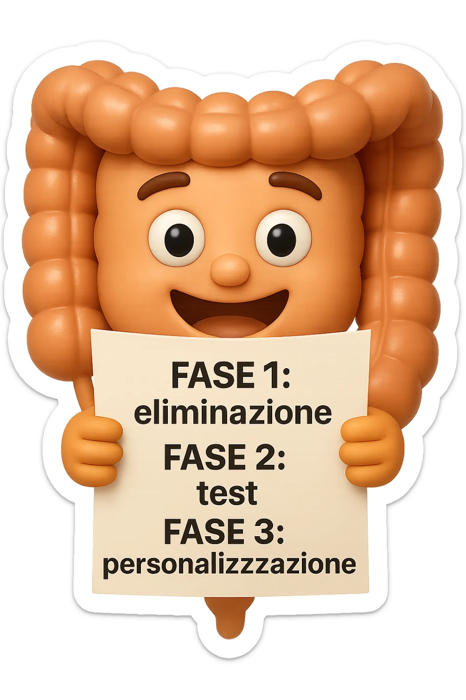 emoji stile iphone 3d di un intestino che tiene in mano un foglio con la scritta "FASE 1: eliminazione, FASE 2: test, FASE 3: personalizzazione, IPERREALISTICO 4K sticker