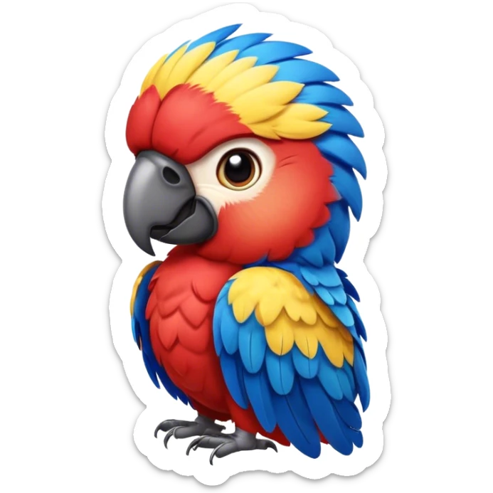Cinematic Realistic Cute Macaw Portrait Emoji, Head tilted playfully and inquisitively, featuring a compact, lively build with intricately detailed, vivid scarlet and blue feathers and a charming, expressive face with round, sparkling eyes full of tropical wonder, rendered with realistic texture and vibrant natural hues, high shine, affectionate and spirited, styled with a touch of whimsical rainforest charm, soft glowing outline, capturing the essence of a mischievous yet lovable macaw that seems poised to flutter playfully into your arms! sticker