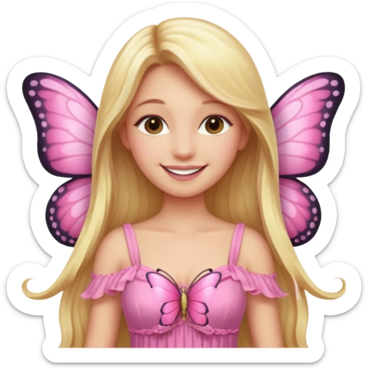 Detailed pink dress, long blonde hair, pink butterfly wings sticker