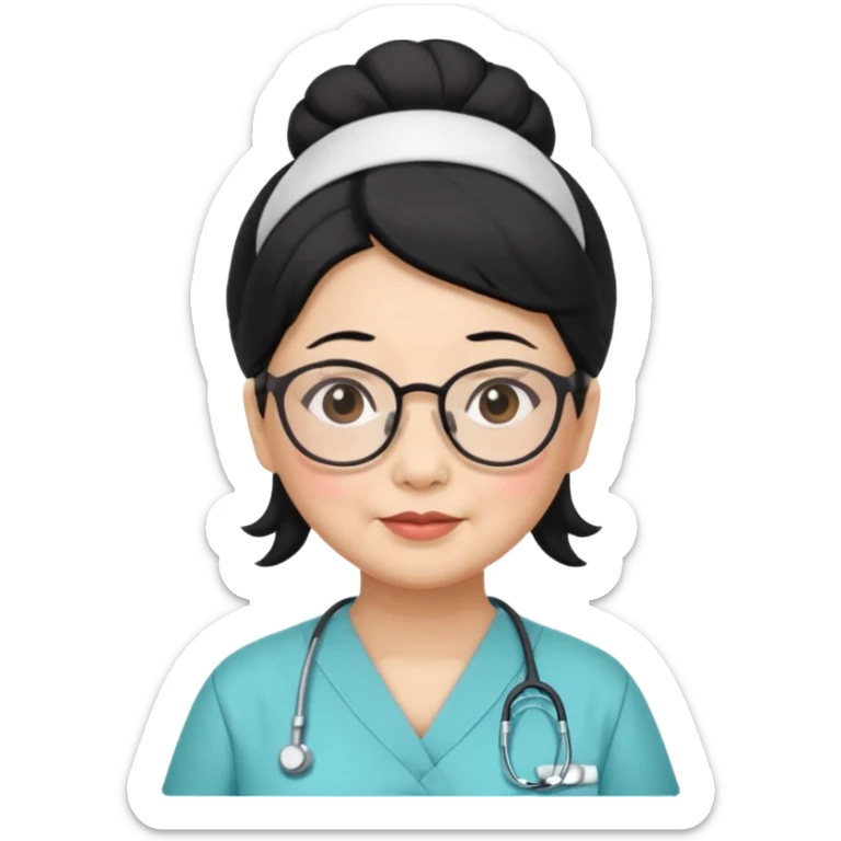 OLD ASIAN WOMAN WITH GLASSES, NURSE SCRUBS, HAIR BUN, BLACK HAIR, CHUBBY sticker
