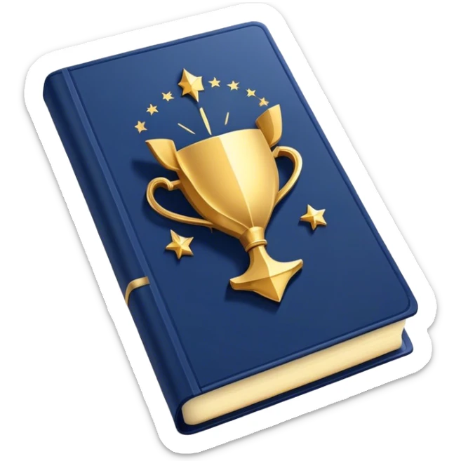 A navy blue productivity book with gold details, chart with upward trend aura, radiating productivity, strategy, and success in motion- sticker