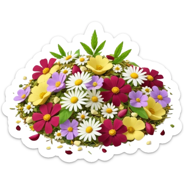 pile of loose herbal tea with dried herbs and flowers chamomile, mint, rose petals, lemongrass, organic and colorful, crumbled leaves and petals, soft greens, yellows, purples, reds, 3D clean style, transparent background sticker