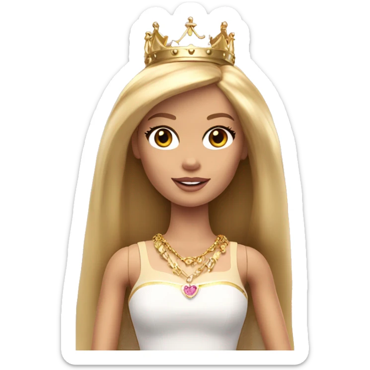Blonde Barbie with bangs and long straight hair and hazel eyes wearing a gold crown sticker