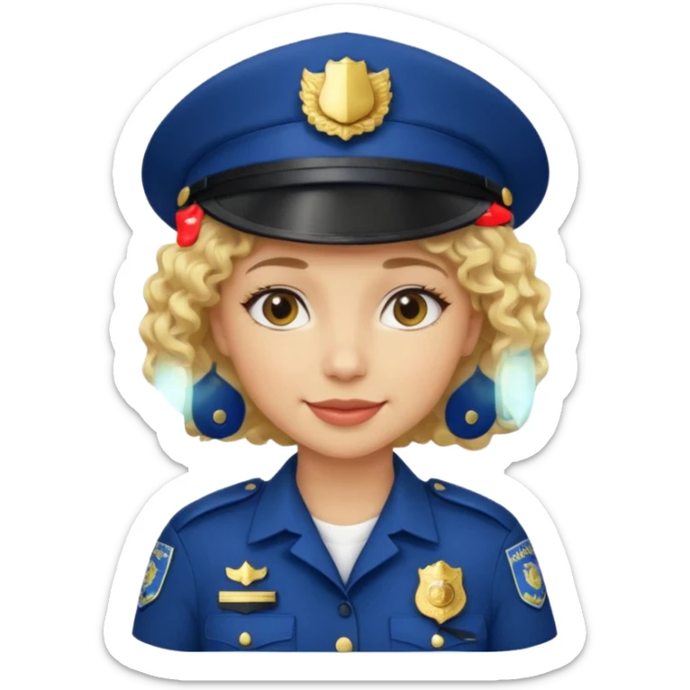 A light-skinned woman with short curly blonde hair, wearing a navy police hat with a badge, and a calm smile. sticker