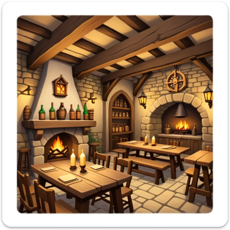 cozy medieval fantasy tavern with wooden beams, fireplace, and tables where adventurers gather sticker