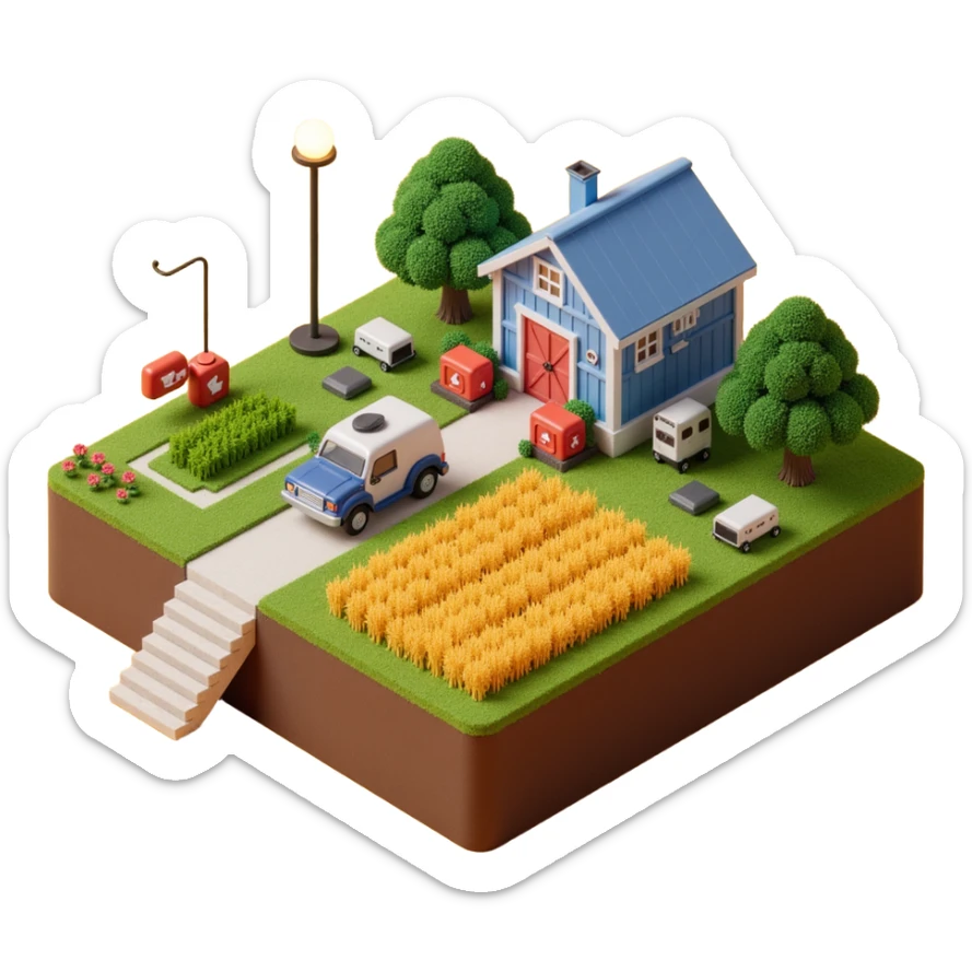 Modern robotic farm in skeuomorphism style, metallic buildings on visible soil, golden wheat fields, harvest robots, glowing neon lights and pipes, emoji-style sticker