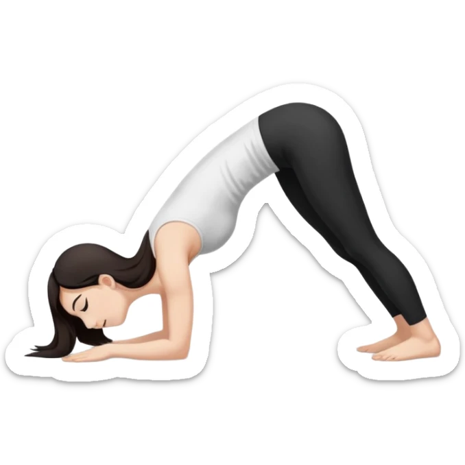 Девушка белокожая в позе собака мордой вниз, с длинными темными волосами, в белом топе, в черных лосинах, с черными ресницами sticker