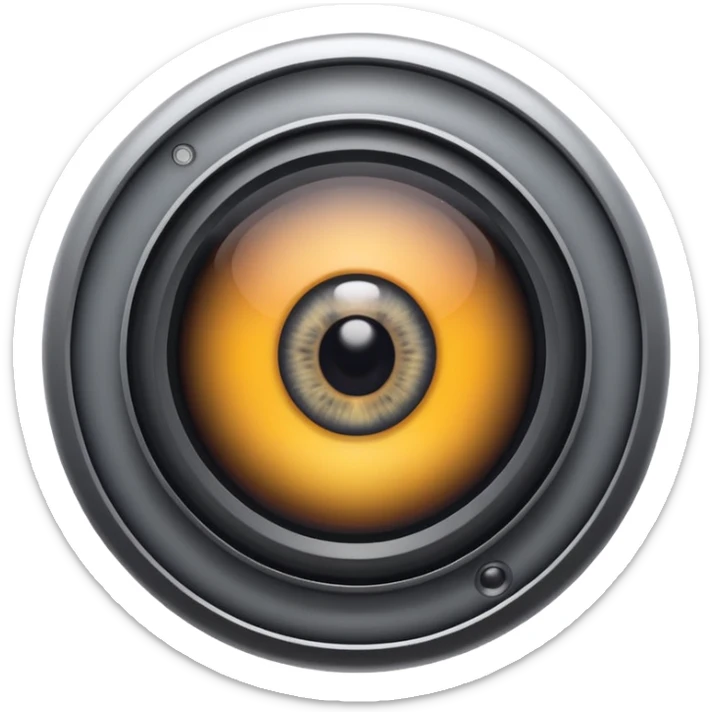 Minimalist emoji-style sticker of a wide camera lens with a human-like eye inside. Gray tones with strong contrast. sticker