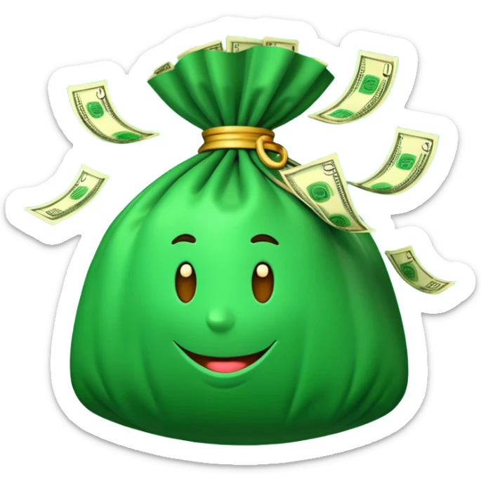 

3D emoji style, big bag of money, flying dollar bills, rich casino vibe, smooth lighting, high detail, clean edges, transparent background



 sticker